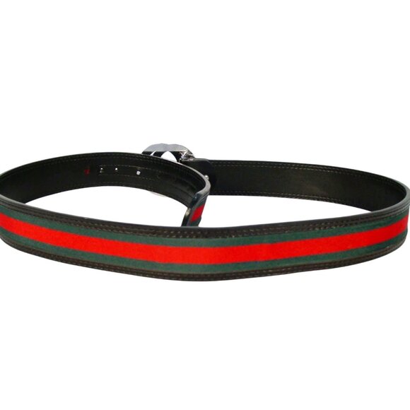 GUCCI Iconic $450 Green + Red Stripe Web Leather Belt Men's 44/110 (36"-40") M/L - Picture 5 of 8